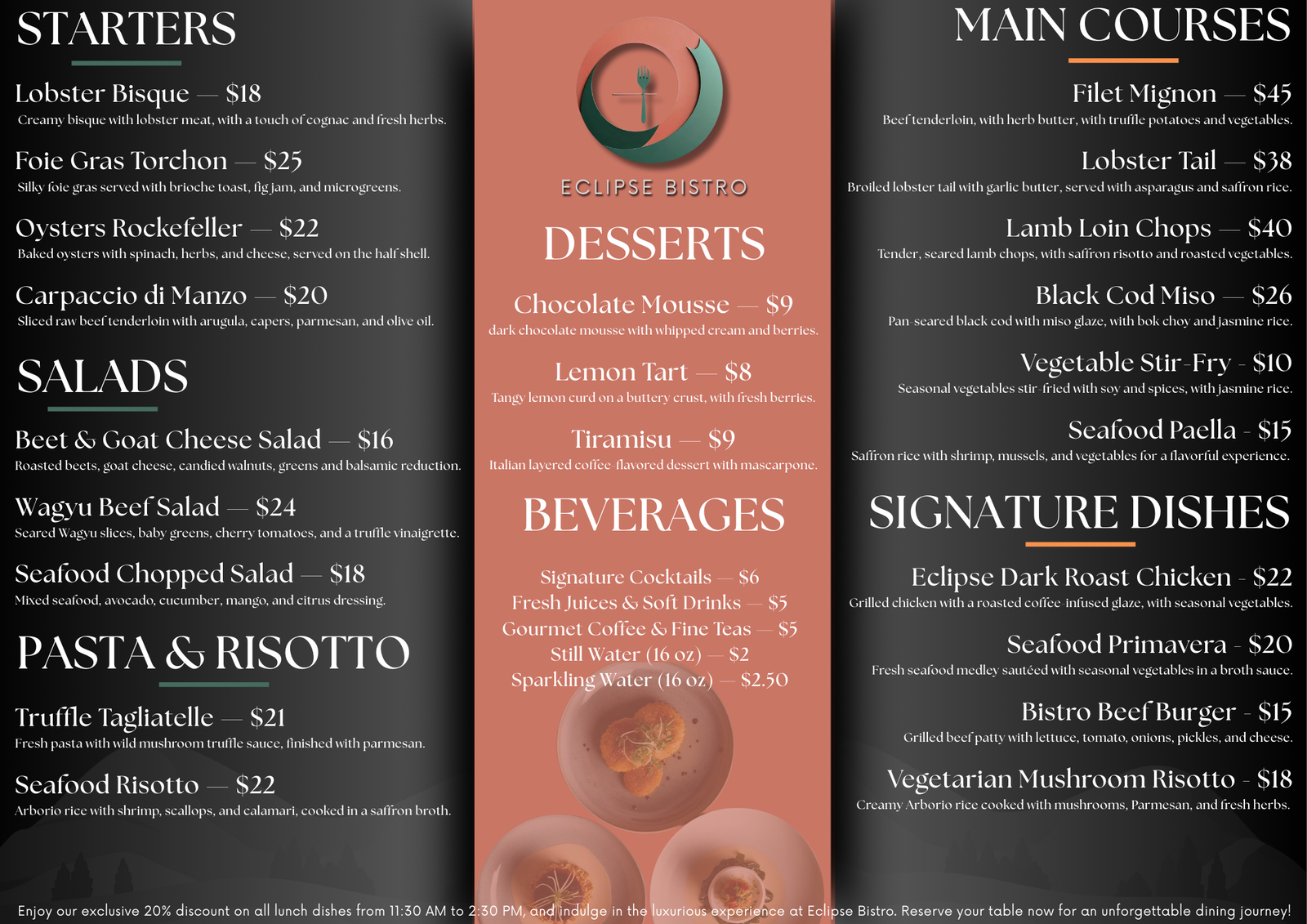 Bistro Eclipse Restaurant Menu Back Side