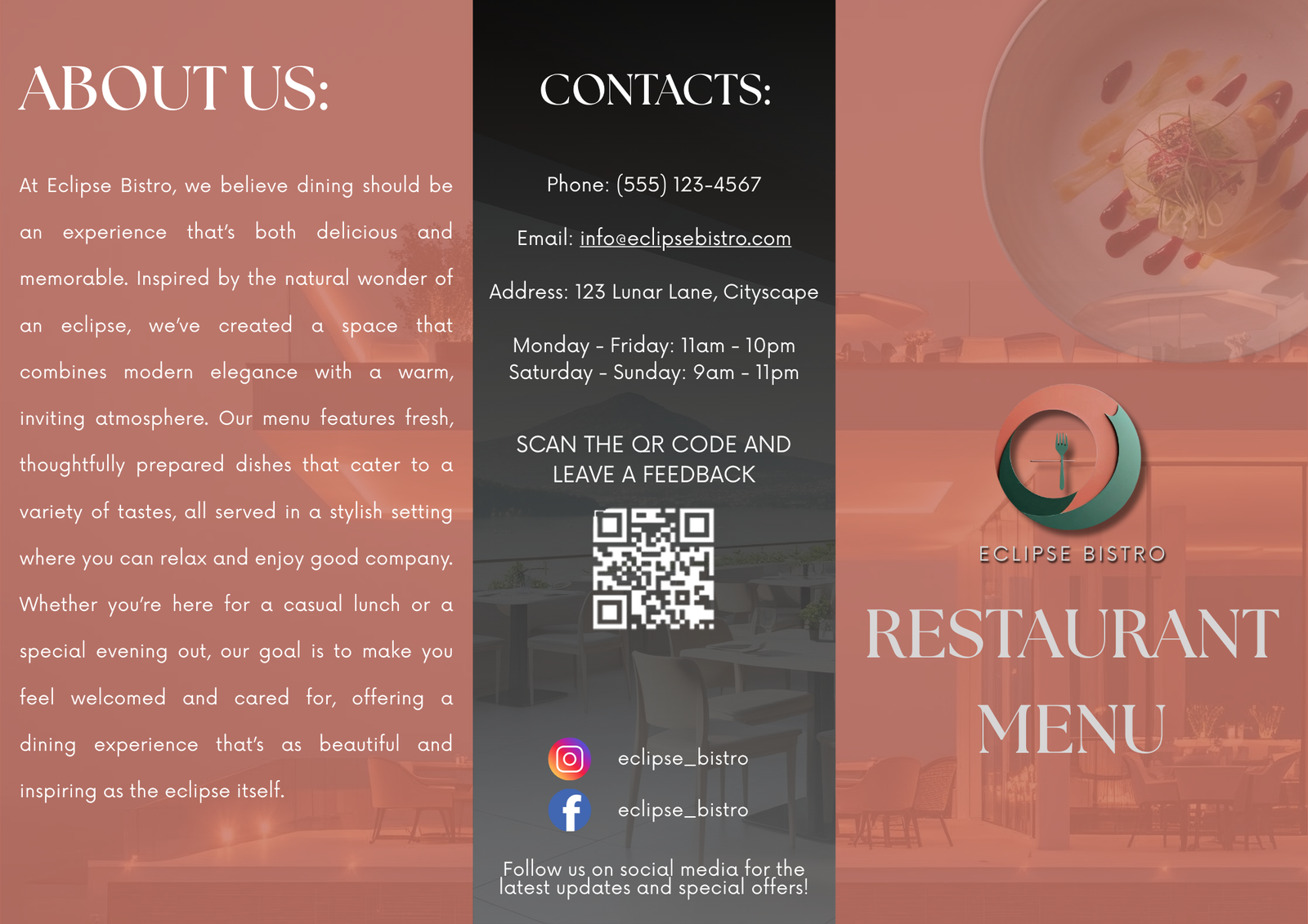 Bistro Eclipse Restaurant Menu Front Side